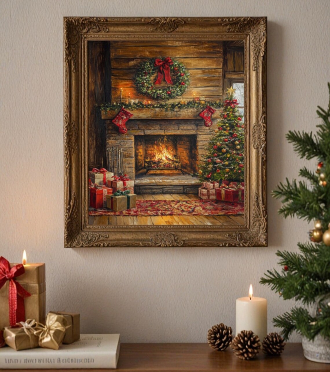 Christmas Fireplace Mantel Art Print, Holiday Decor - Image 2