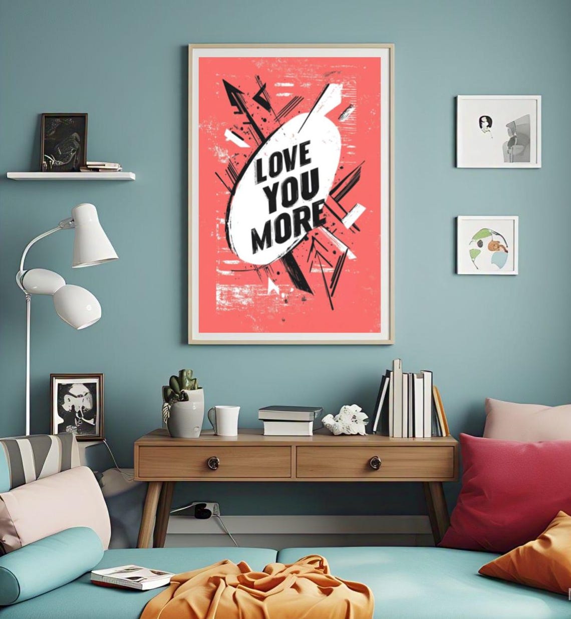 Love You More Coral Red Graffiti Typography Statement Poster