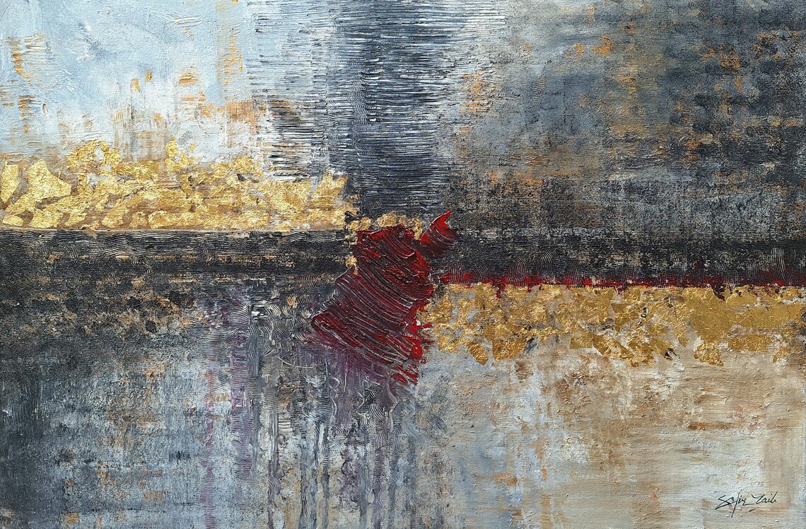 Charcoal Gray Gold Red Abstract Horizon Modern Original Art Poster - Image 3