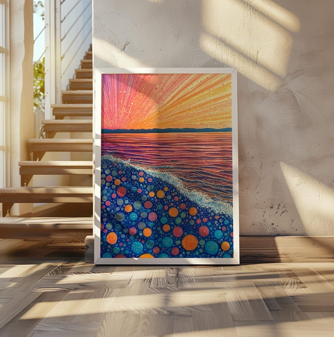 Rainbow Sunset Over Dotted Ocean Shoreline Kusama Style Poster