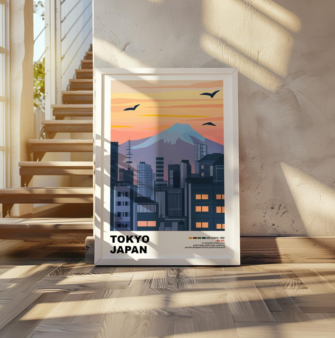 Tokyo Japan Mount Fuji Dusk Skyline Birds Mid Century Poster - Image 2