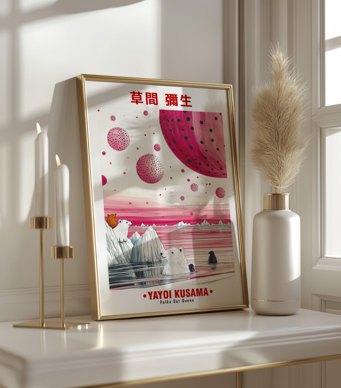 Yayoi Kusama-Inspired Pink Planets Polar Bears Arctic Art Poster - Image 3