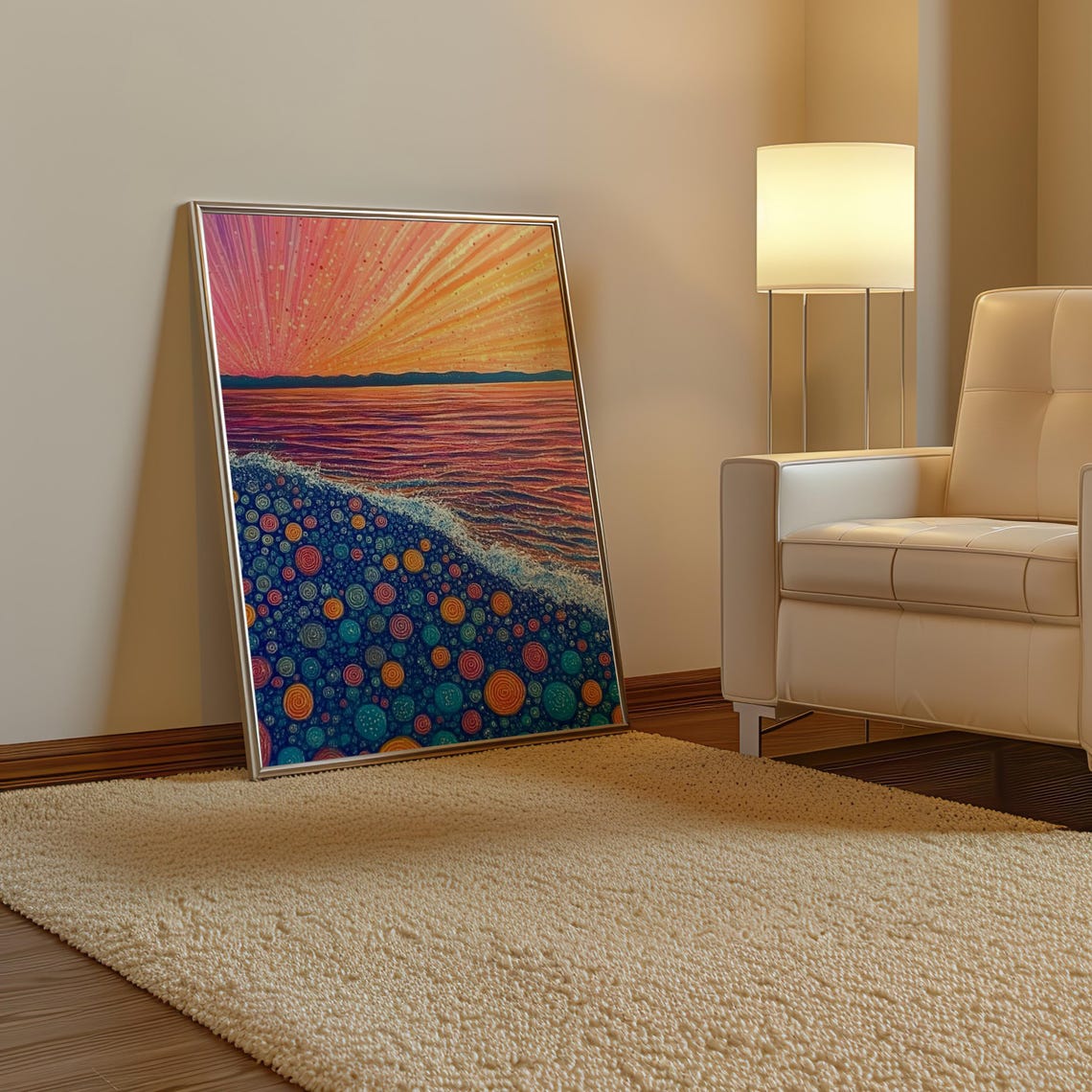 Rainbow Sunset Over Dotted Ocean Shoreline Kusama Style Poster - Image 3
