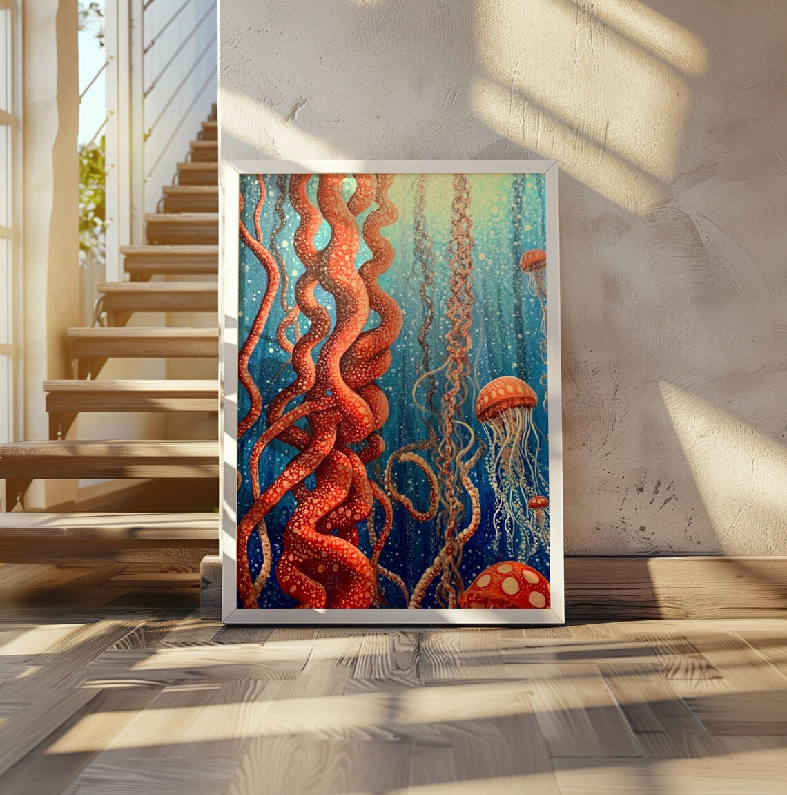 Kusama Inspired Twisting Tentacles Orange Jellyfish Abyss Poster