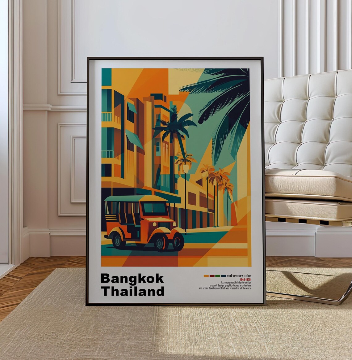 Bangkok Thailand Tuk Tuk Palm Street Mid Century Travel Poster