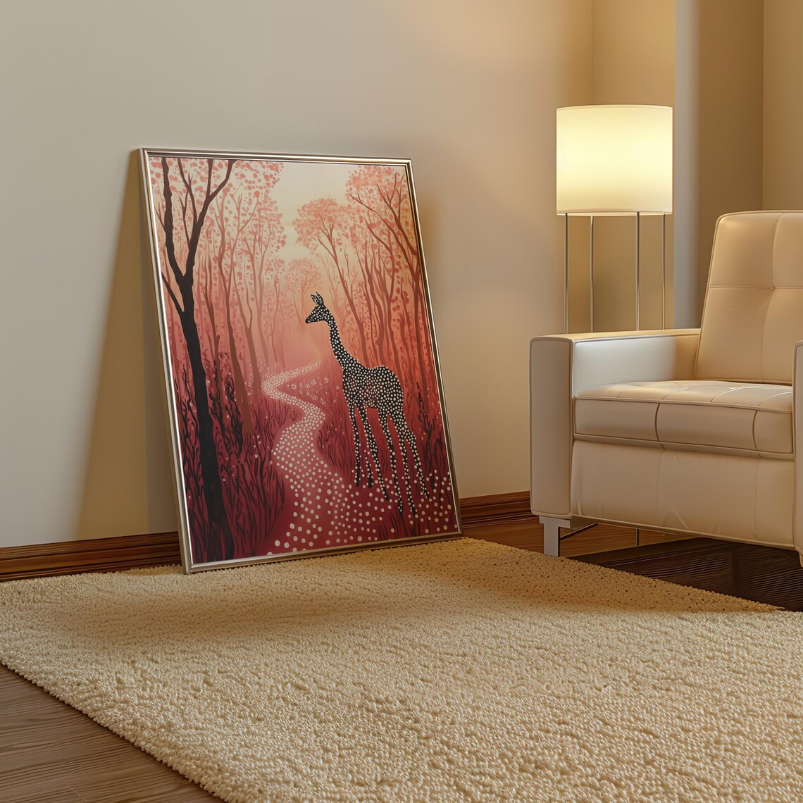 Giraffe Made of White Dots in Red Polka Dot Forest Art Poster - Image 3
