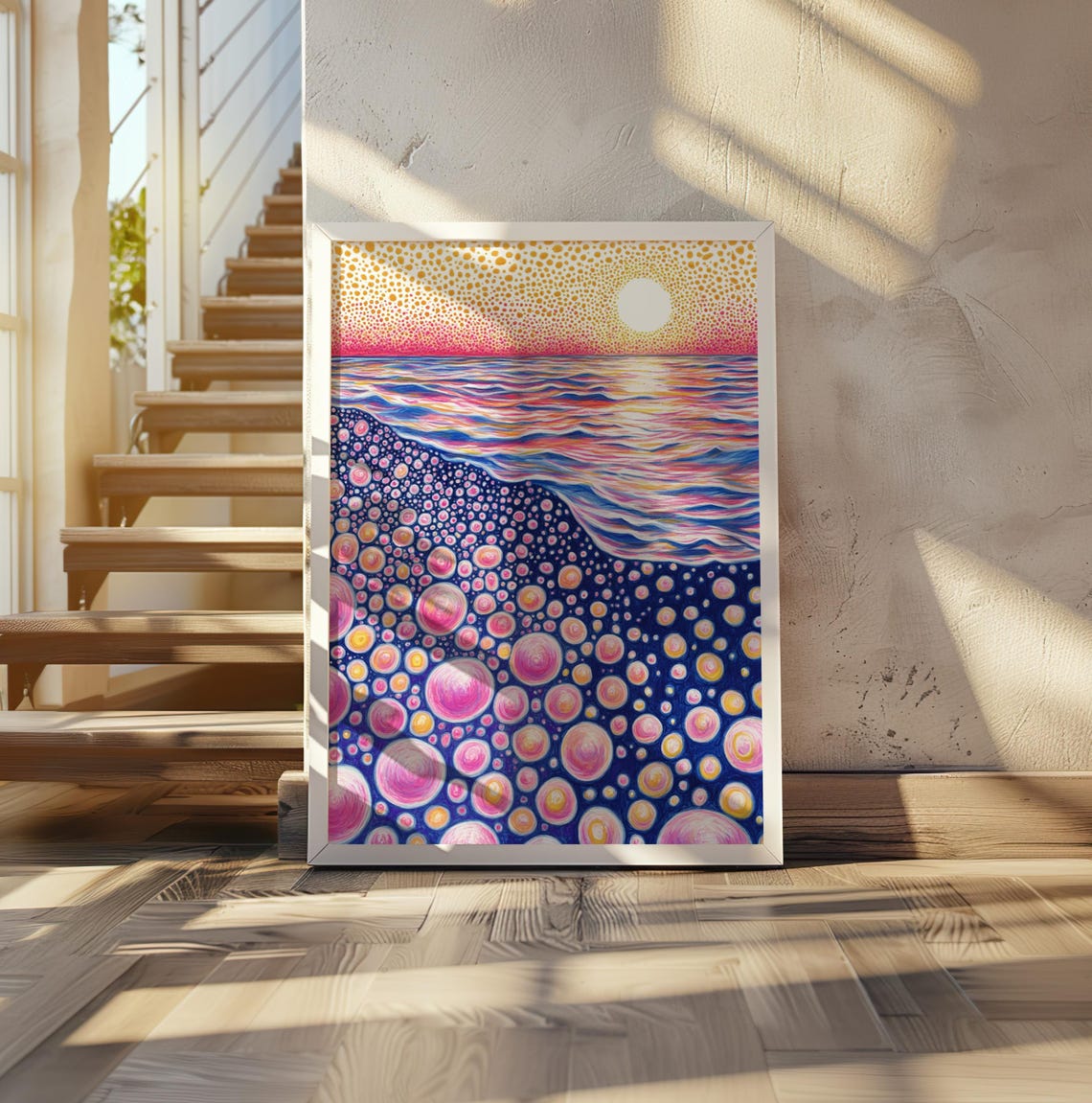 Vibrant Pink Polka Dot Sunset Over Purple Ocean Kusama Style Poster