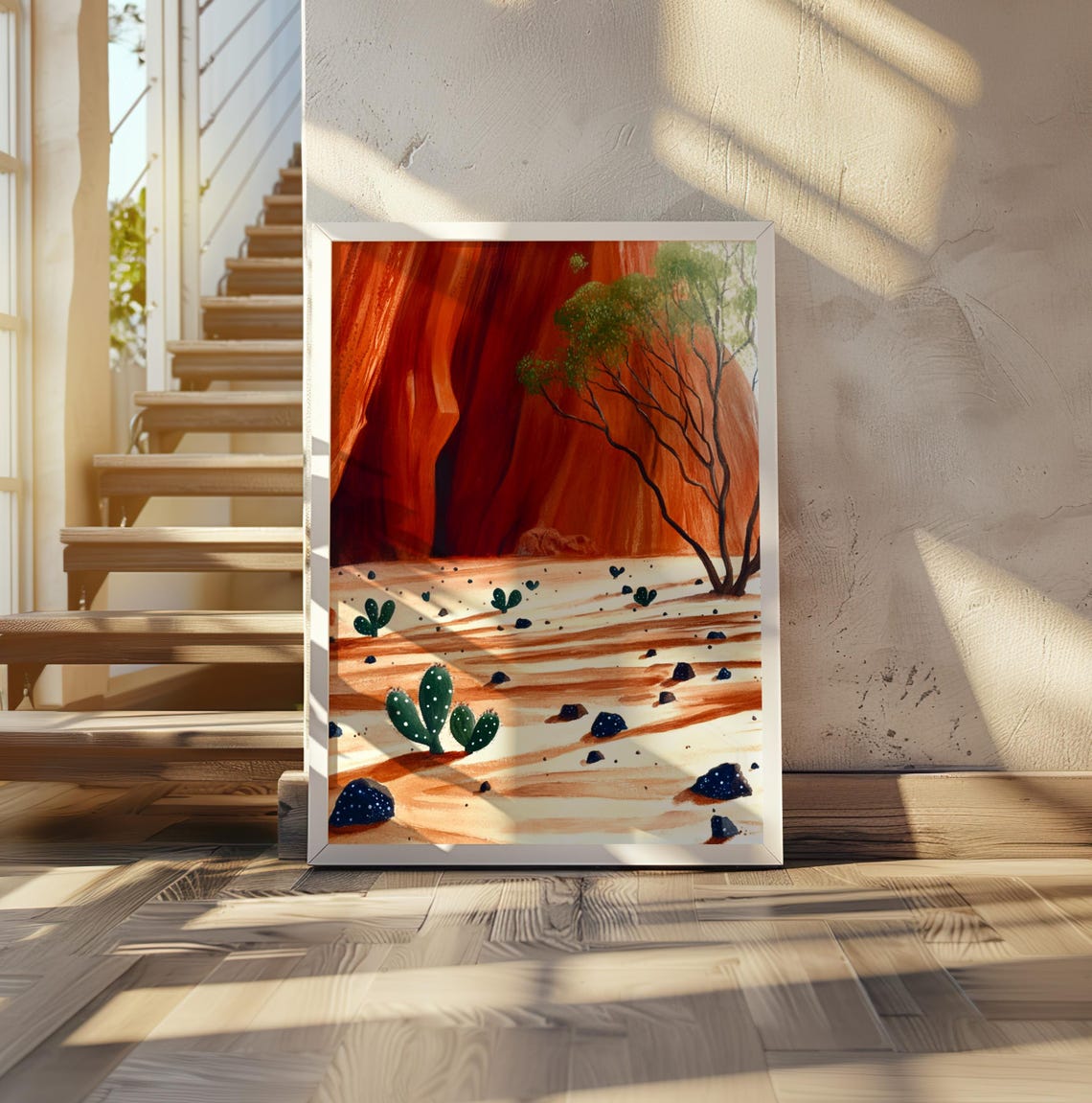 Red Rock Canyon Scene with Prickly Pear Cactus Dot Art Poster