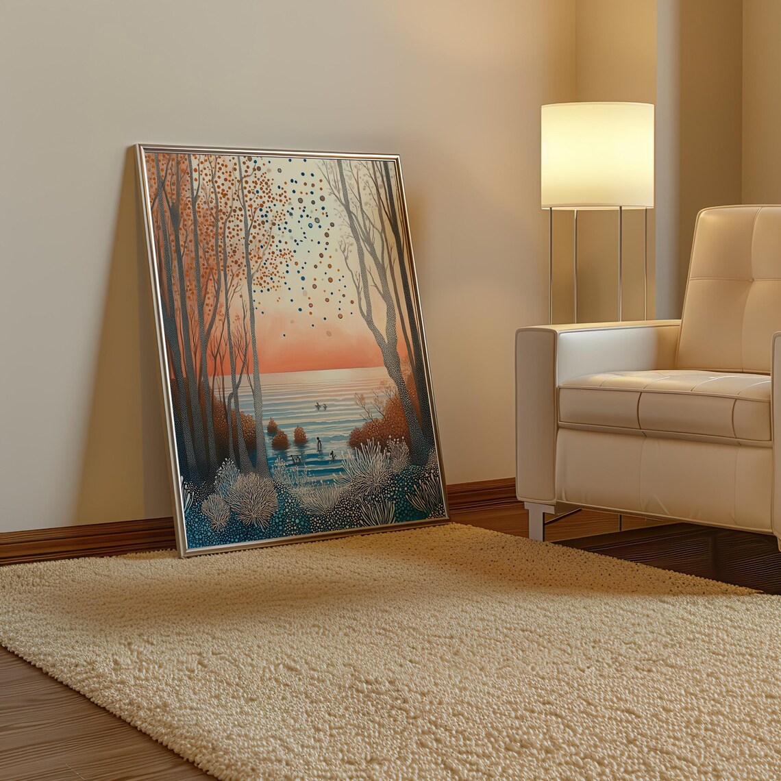 Dotted Forest Trail Leading to Sunset Lake Kusama Style Poster - Image 3