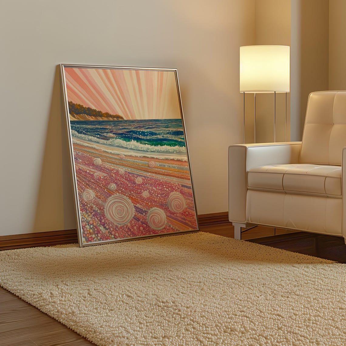 Kusama Inspired Spiral Shell Beach Pink Dots Sunrise Rays Poster - Image 3