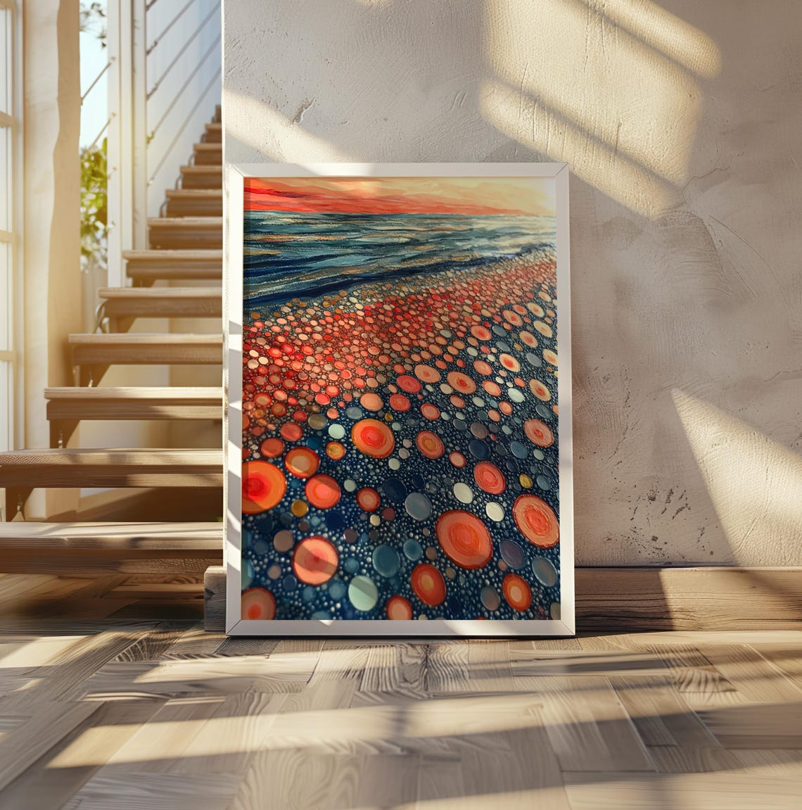 Kusama Inspired Coral Dots Shore on Dark Sea Sunset Sky Poster