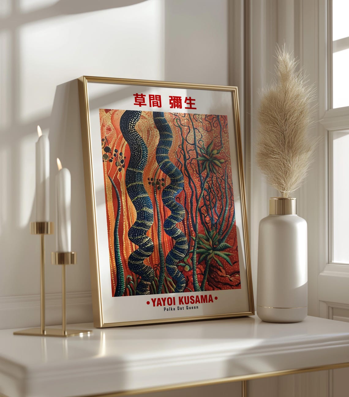 Yayoi Kusama Inspired Red Dotted Waves Abstract Artwork Poster - Image 3