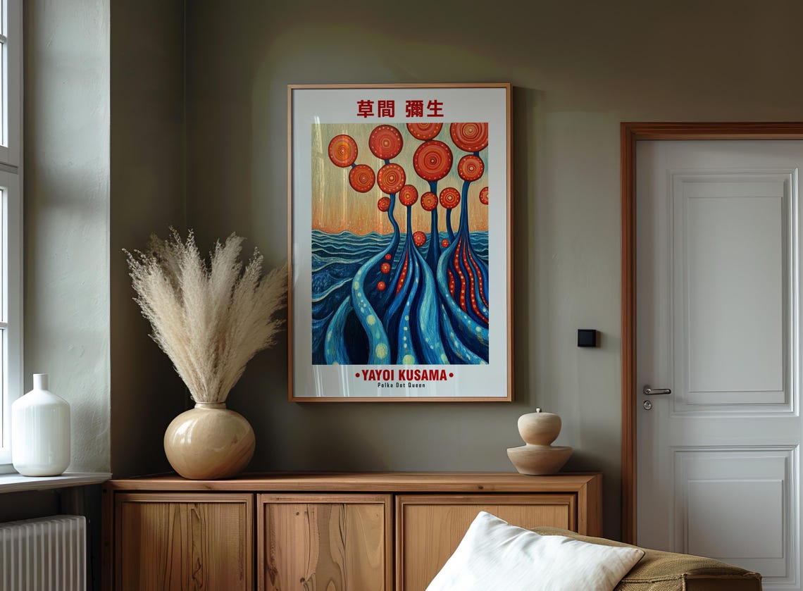 Red Dotted Disc Flowers Blue Ocean Sunset Kusama Inspired Poster - Image 2