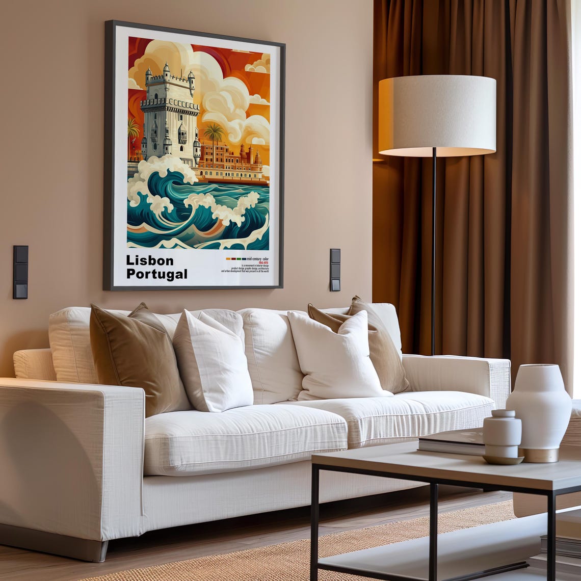 Lisbon Portugal Belem Tower Ocean Wave Crash Orange Sunset Poster - Image 3