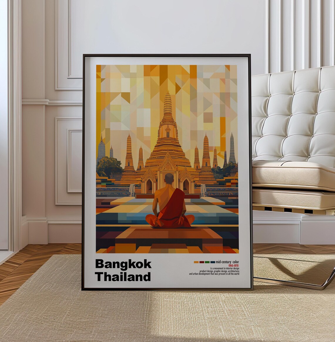 Bangkok Golden Temple Monk Mid Century Modern Travel Art Poster