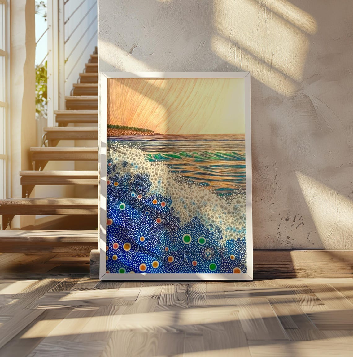Kusama Inspired Foamy Wave Rainbow Dots Headland Sunrise Poster