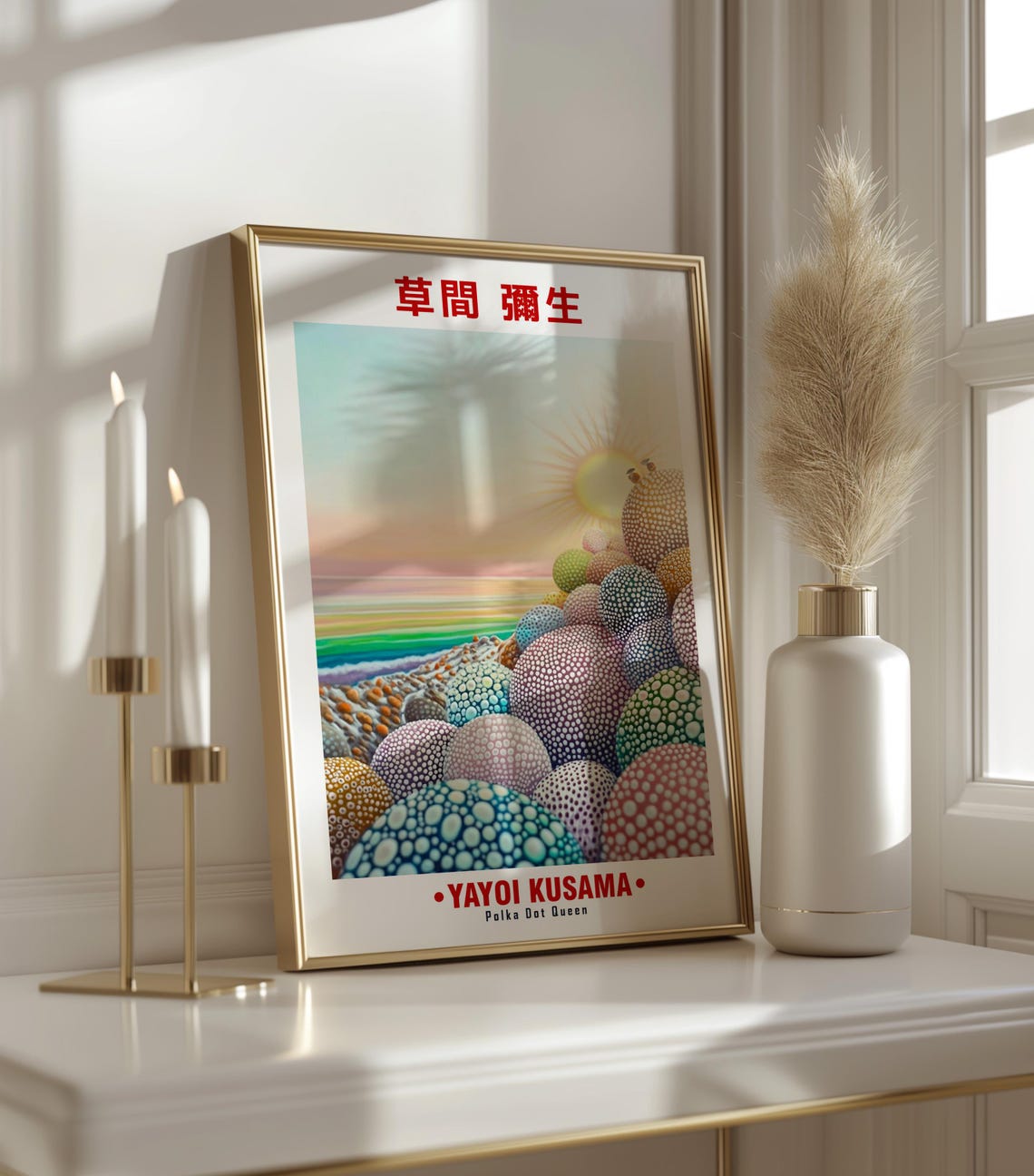 Yayoi Kusama-Inspired Polka Dot Coastal Rocks Sunset Art Poster - Image 3