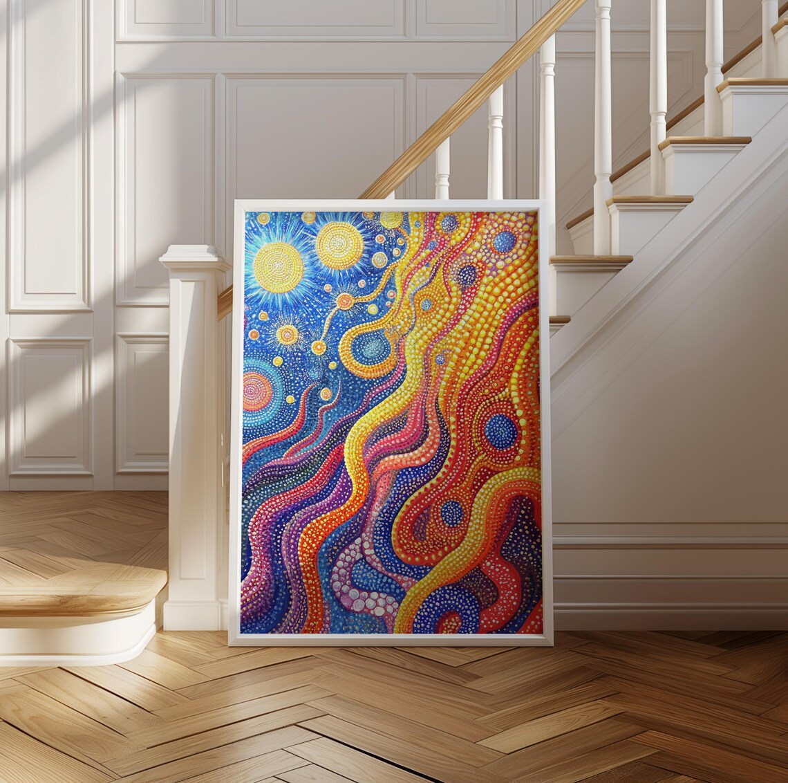 Abstract Flowing Rivers of Colorful Dots in Blue Gold and Red Poster - Image 2
