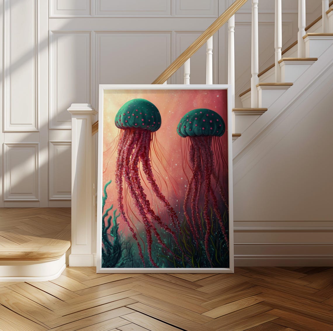 Kusama Inspired Green Jellyfish Magenta Tentacle Pair Poster - Image 2