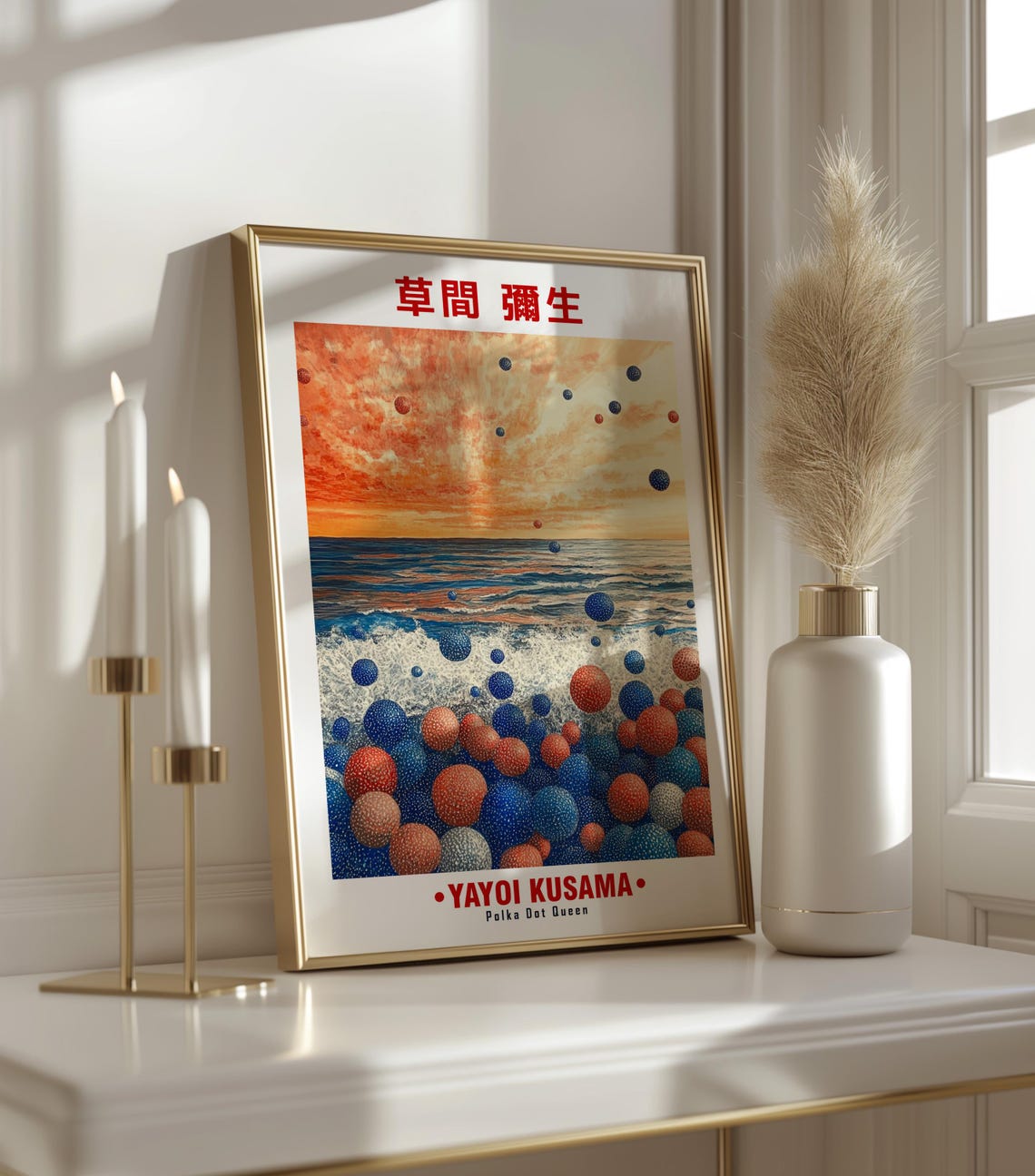 Red Blue Polka Dot Balls Ocean Sunset Kusama Inspired Poster - Image 3