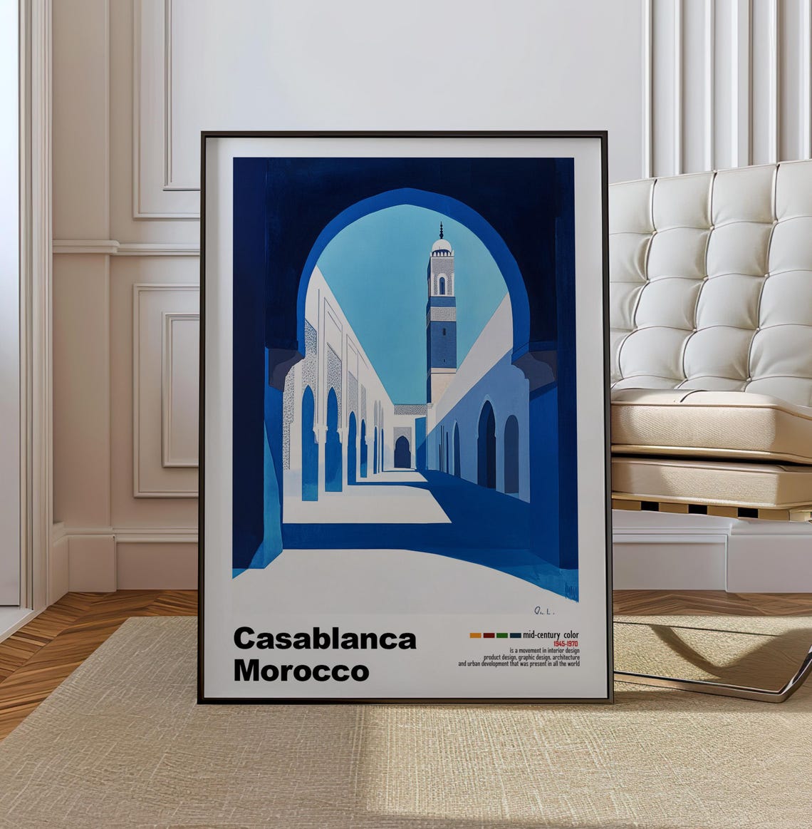 Casablanca Morocco Blue Courtyard Minaret Mid Century Poster