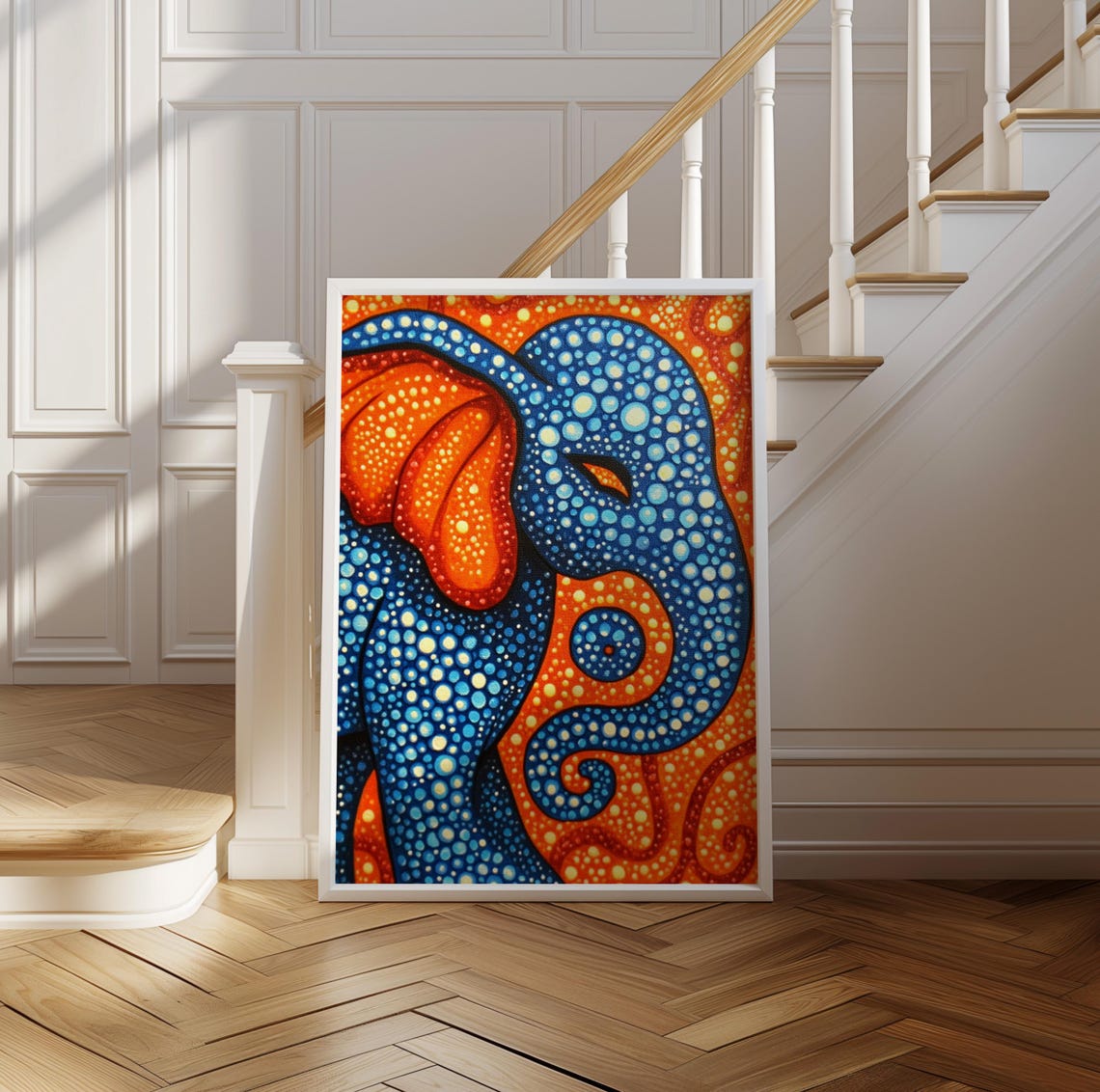 Blue Elephant Head in Dotted Style on Orange Background Poster - Image 2