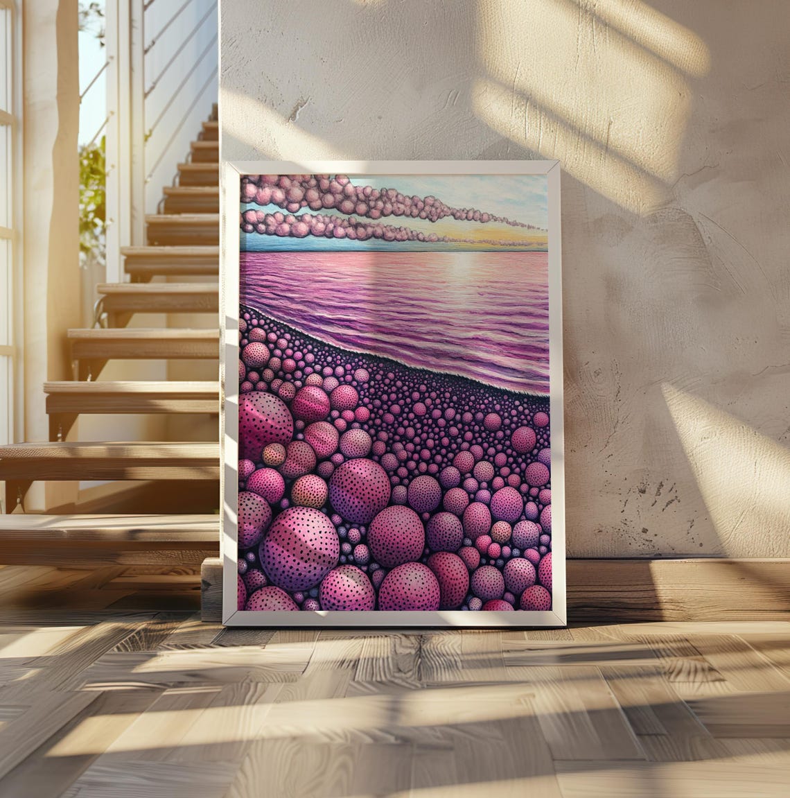 Kusama Inspired Pink Dotted Shoreline Dreamy Dot Clouds Poster