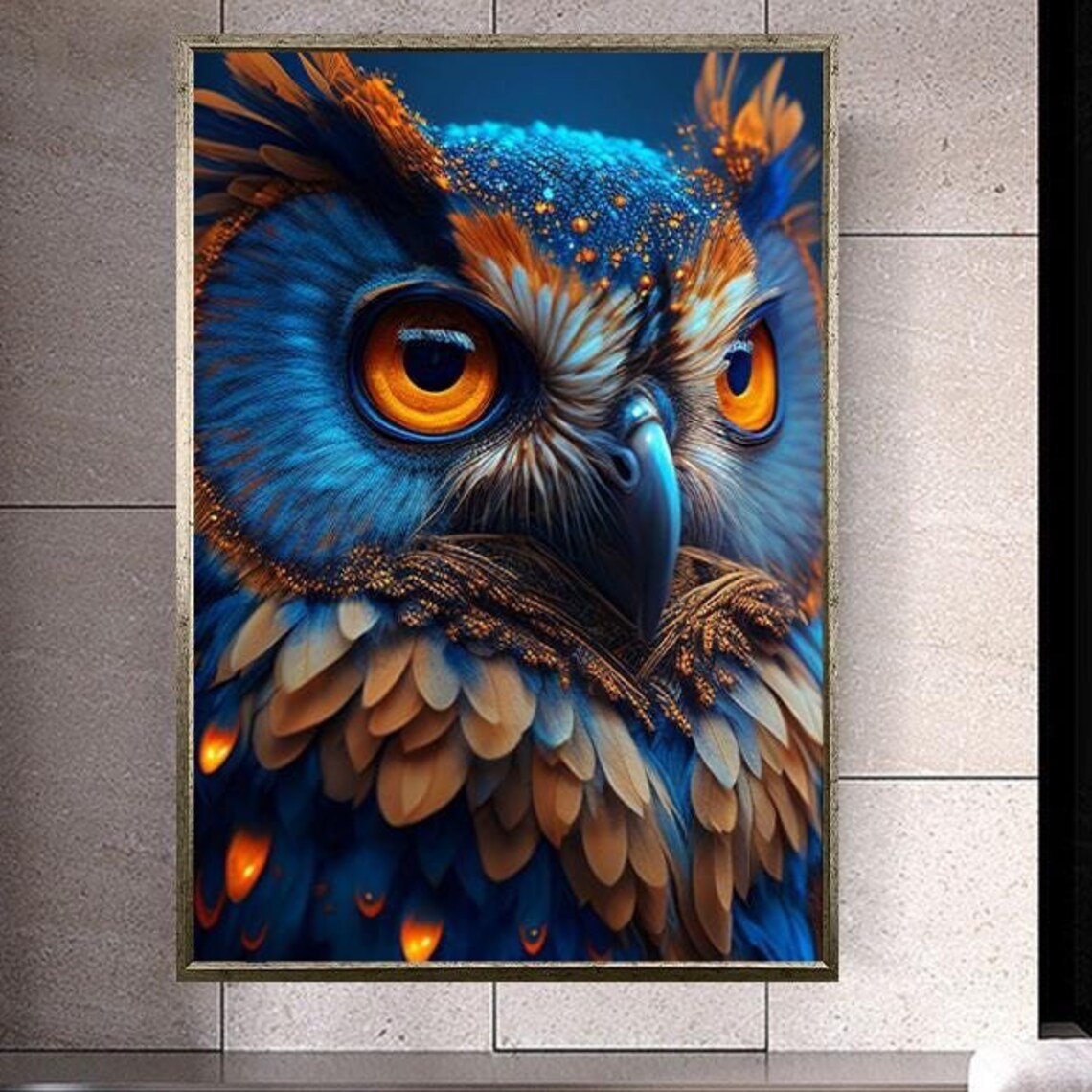 Striking Blue Owl Close-Up Portrait With Glowing Amber Eyes Poster