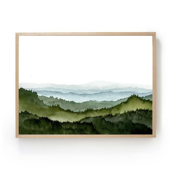 Teal Forest Mountain Valley Watercolor Art Print