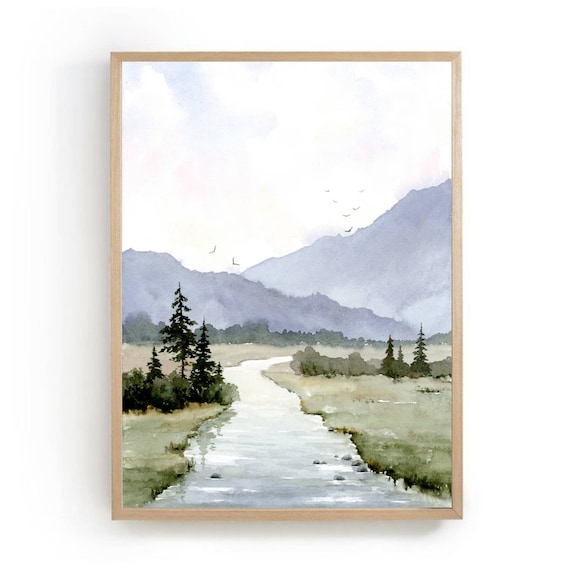 Mountain River Landscape Watercolor Art Print, Neutral