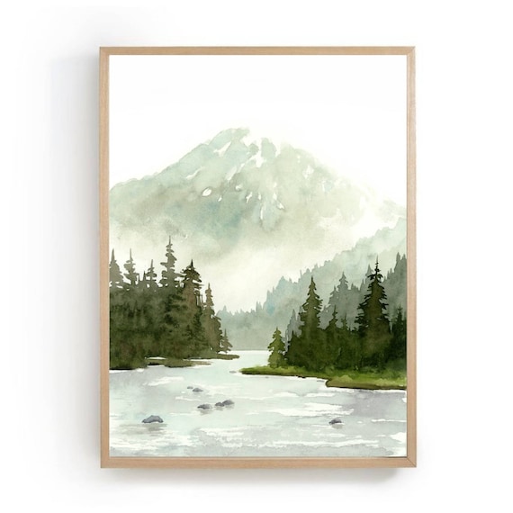 Pine Tree Mountain River Landscape Poster