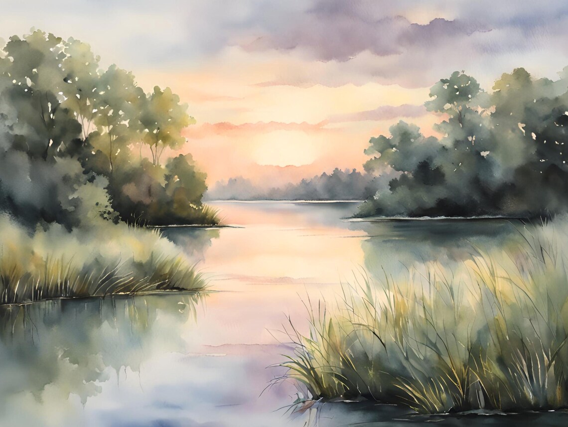 Sunset Lake Painting, Great Lakes Watercolor Art Print