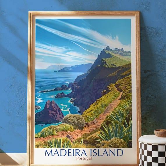 Madeira Island Portugal Poster Print Atlantic Coast Cliffside Wall Art Tropical Hiking Path Illustration Nature Travel Decor