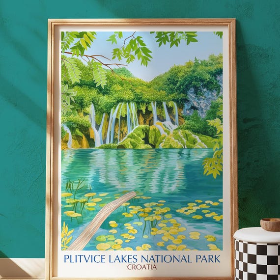 Plitvice Lakes National Park Poster Print Croatia Waterfall Landscape Wall Art Nature Travel Illustration Scenic Forest Lake Decor Gift