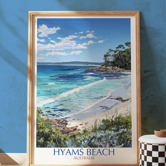Hyams Beach Australia Wall Art Print Turquoise Waters And White Sands Illustration Coastal Landscape Travel Poster For Lovers Decor