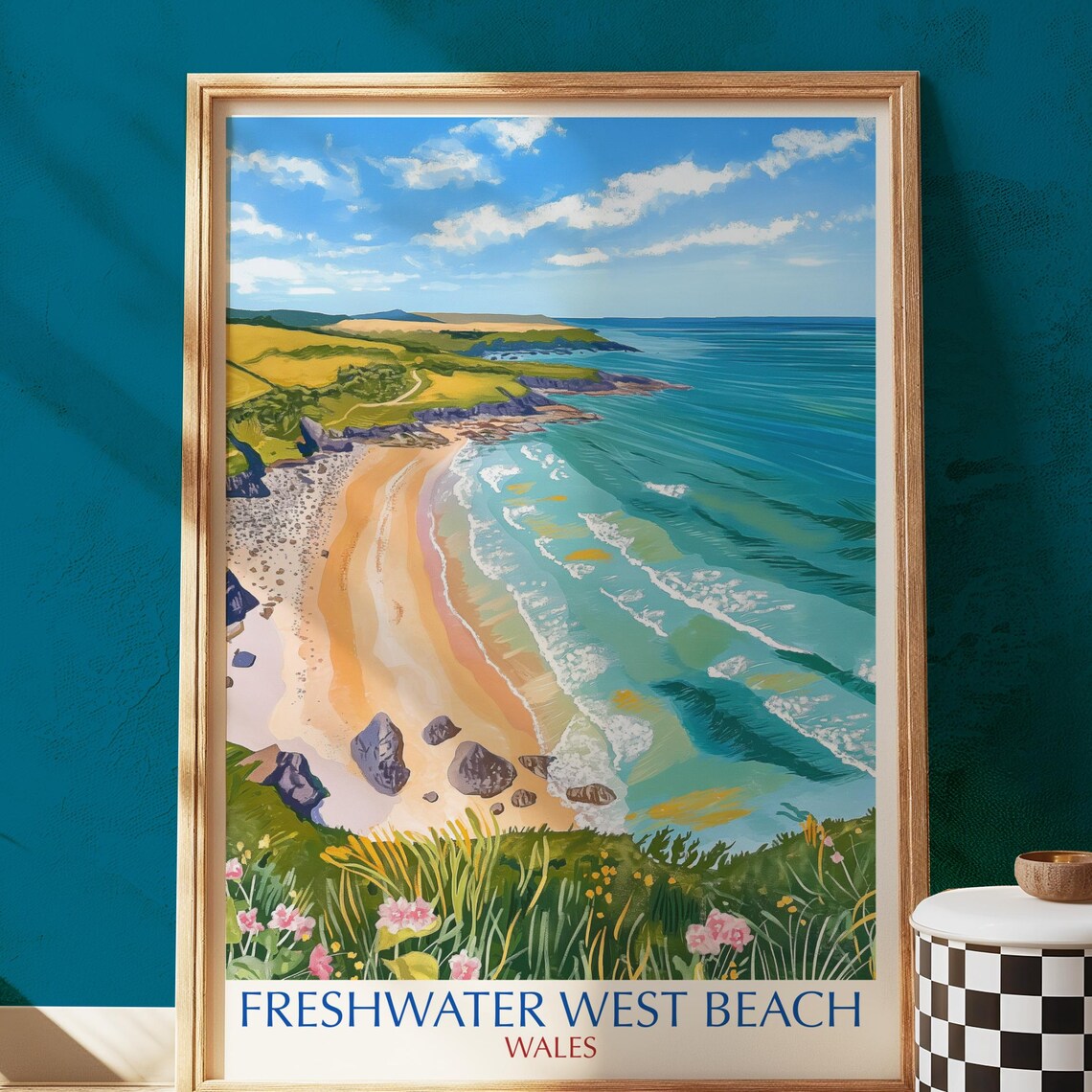 Freshwater West Beach Wales Golden Sand Vintage Travel Poster