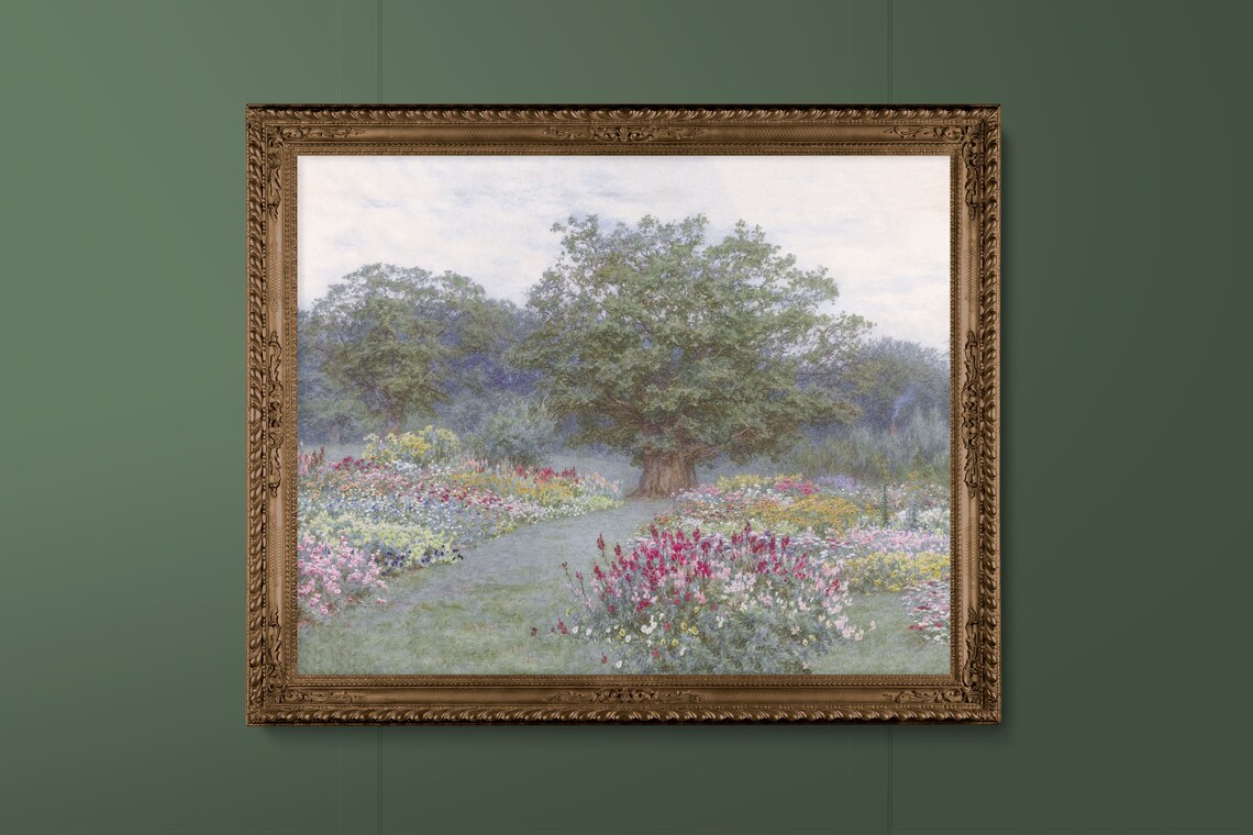 Antique Spring Meadow Wildflower Garden Landscape Oil Painting Print - Image 2