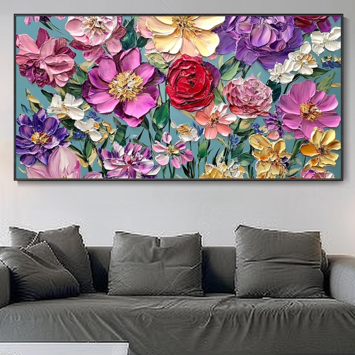 Lush Pink Purple Floral Garden Teal Background Impasto Wall Art