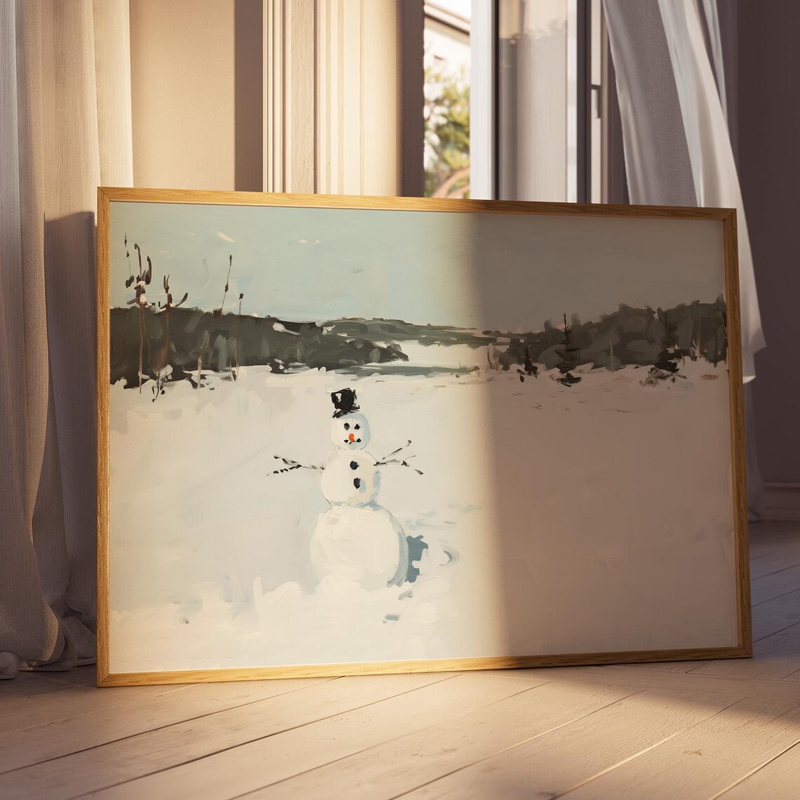 Snowman In Snowy Field Minimalist Winter Landscape Christmas Art Print