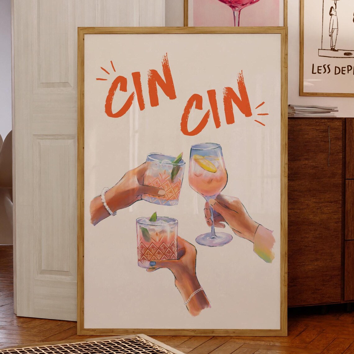 Cin Cin Cheers Toast Cocktail Bar Cart Orange Art Spritz Poster
