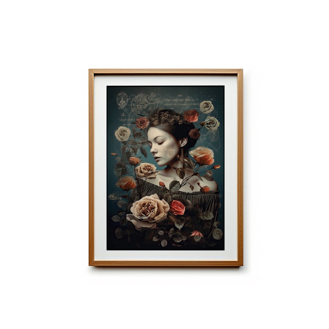 Woman Surrounded by Roses Dark Botanical Portrait Moody Wall Art - Image 2