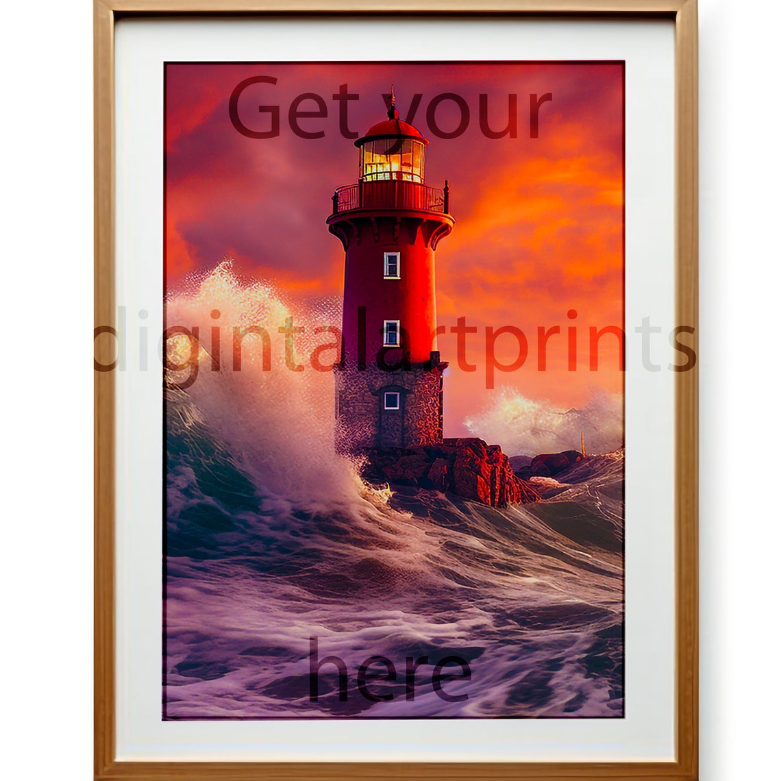 Red Lighthouse Storm Waves Sunset Dramatic Seascape Art Print - Image 3