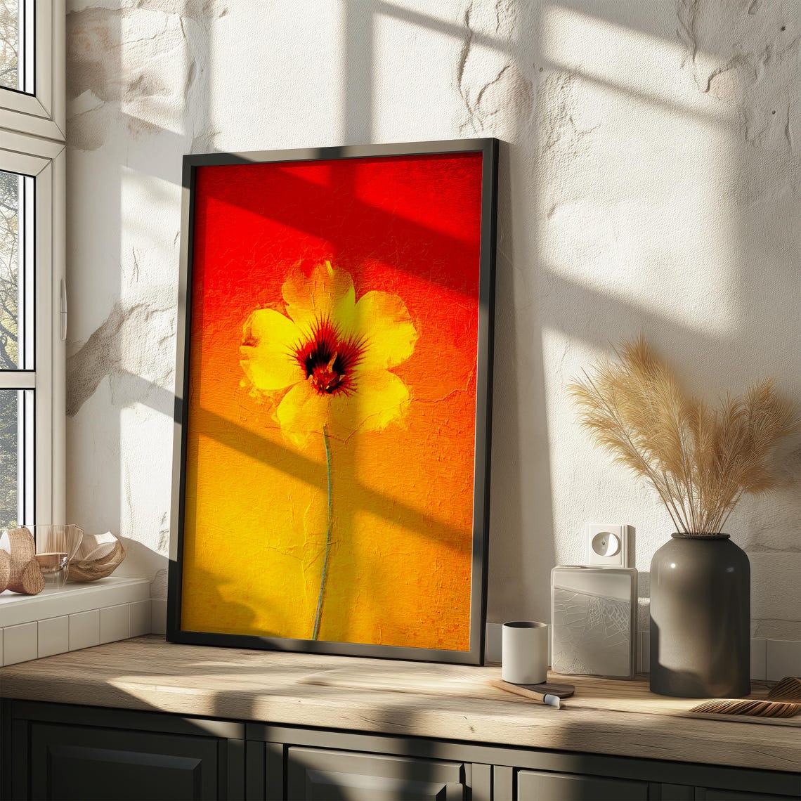 Vibrant Yellow Flower Red Orange Gradient Boho Minimalist Art Print - Image 2