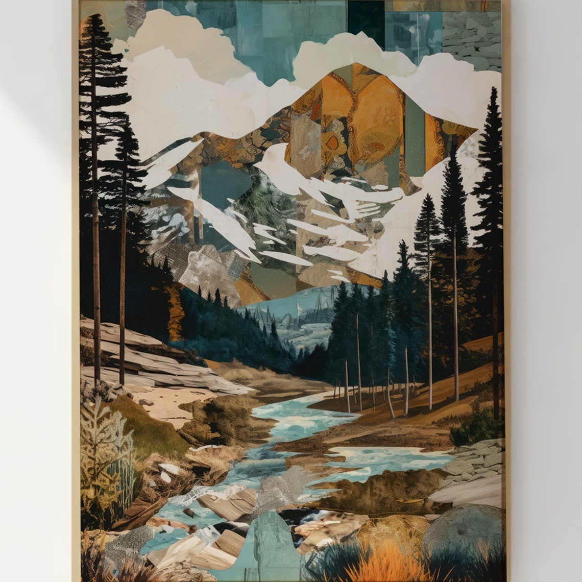 Snow Capped Mountain With a River Abstract Landscape Collage Poster - Image 3