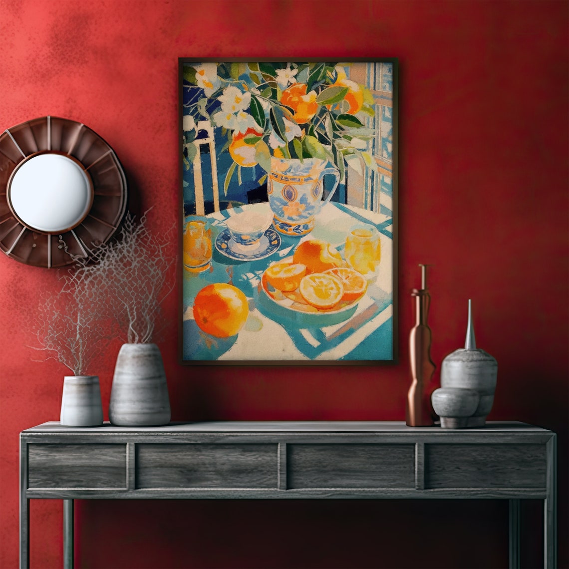 Sliced Oranges and Blossom Branch in a Patterned Jug Still Life Poster - Image 2