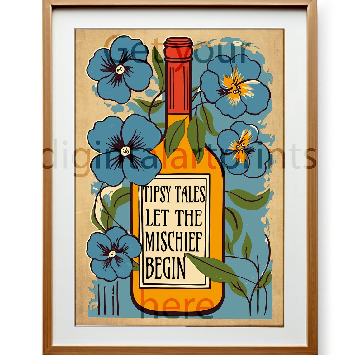 Tipsy Tales Wine Bottle Poster with Blue Florals and Playful Kitchen Quote - Image 3