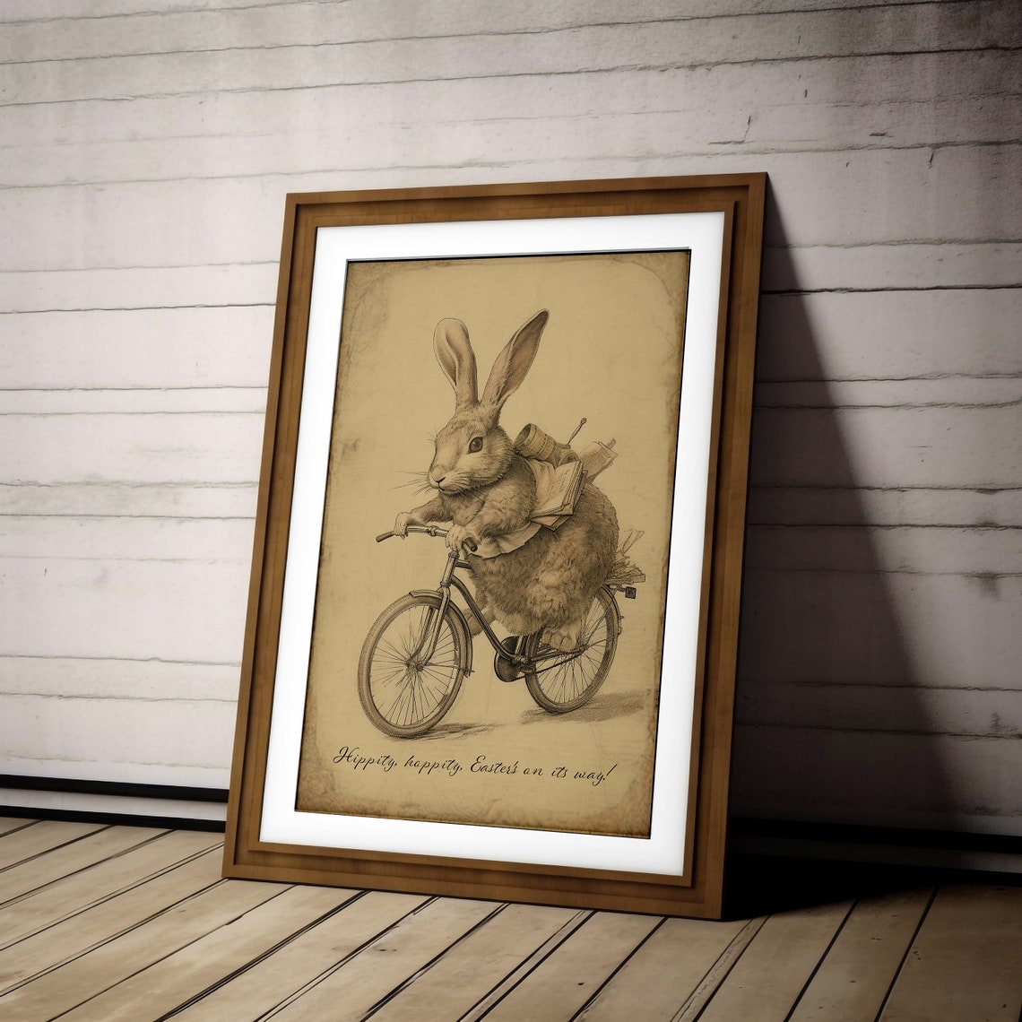 Vintage Easter Bunny Riding Bicycle Sepia Illustration Print - Image 2