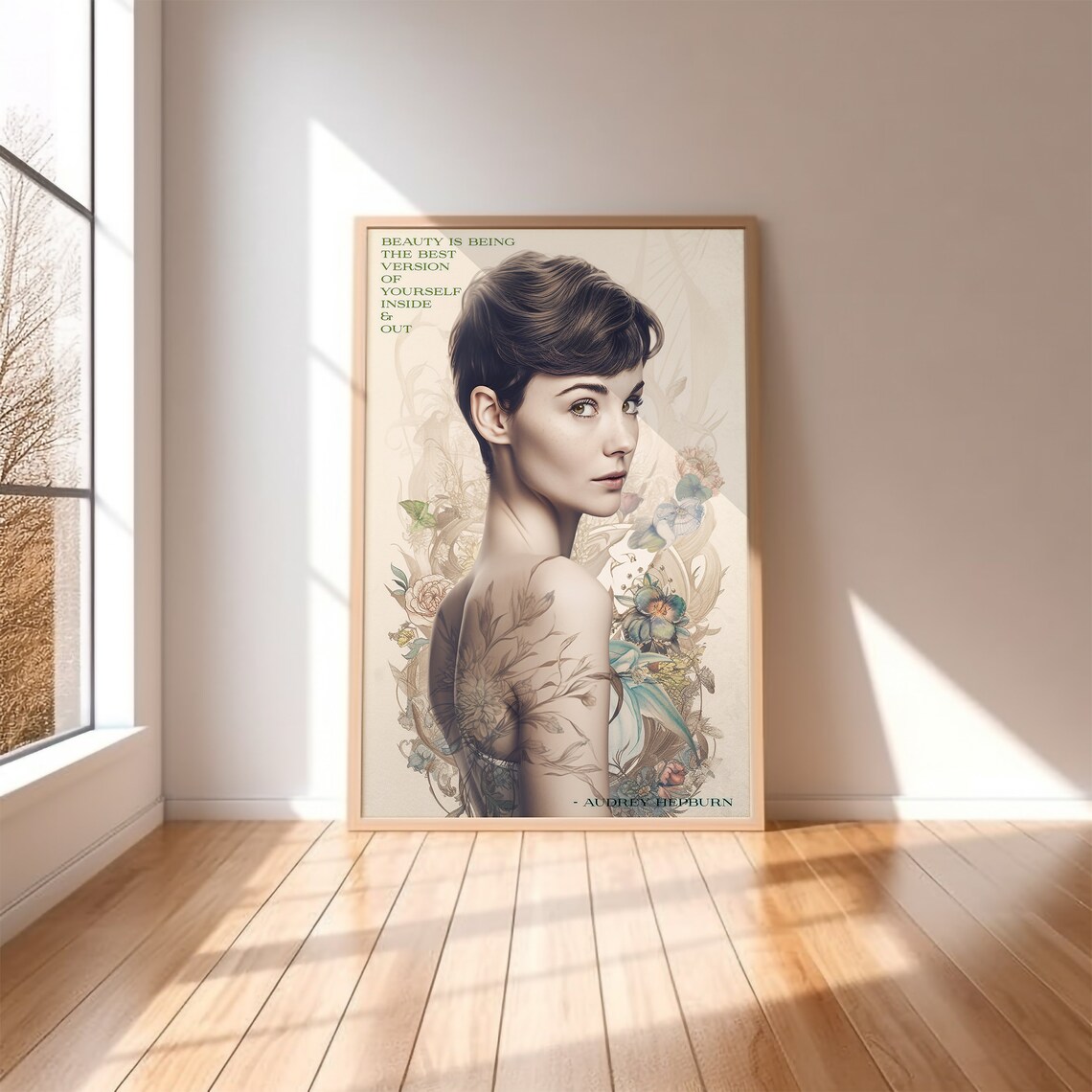 Audrey Hepburn Inspired Beauty Quote Floral Portrait Wall Art - Image 2