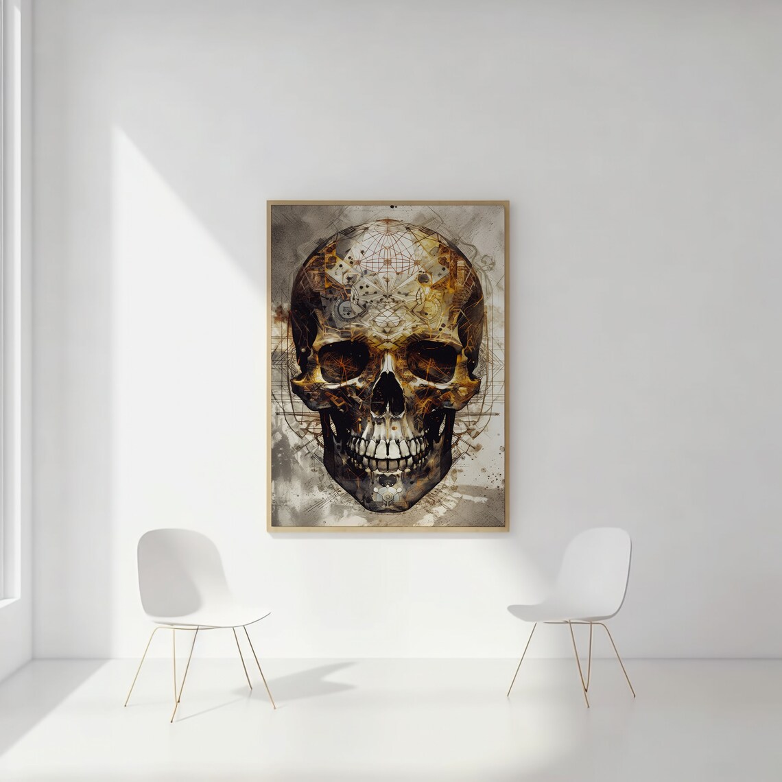 Mystical Golden Geometric Skull Poster with Steampunk Cosmic Design Art - Image 2
