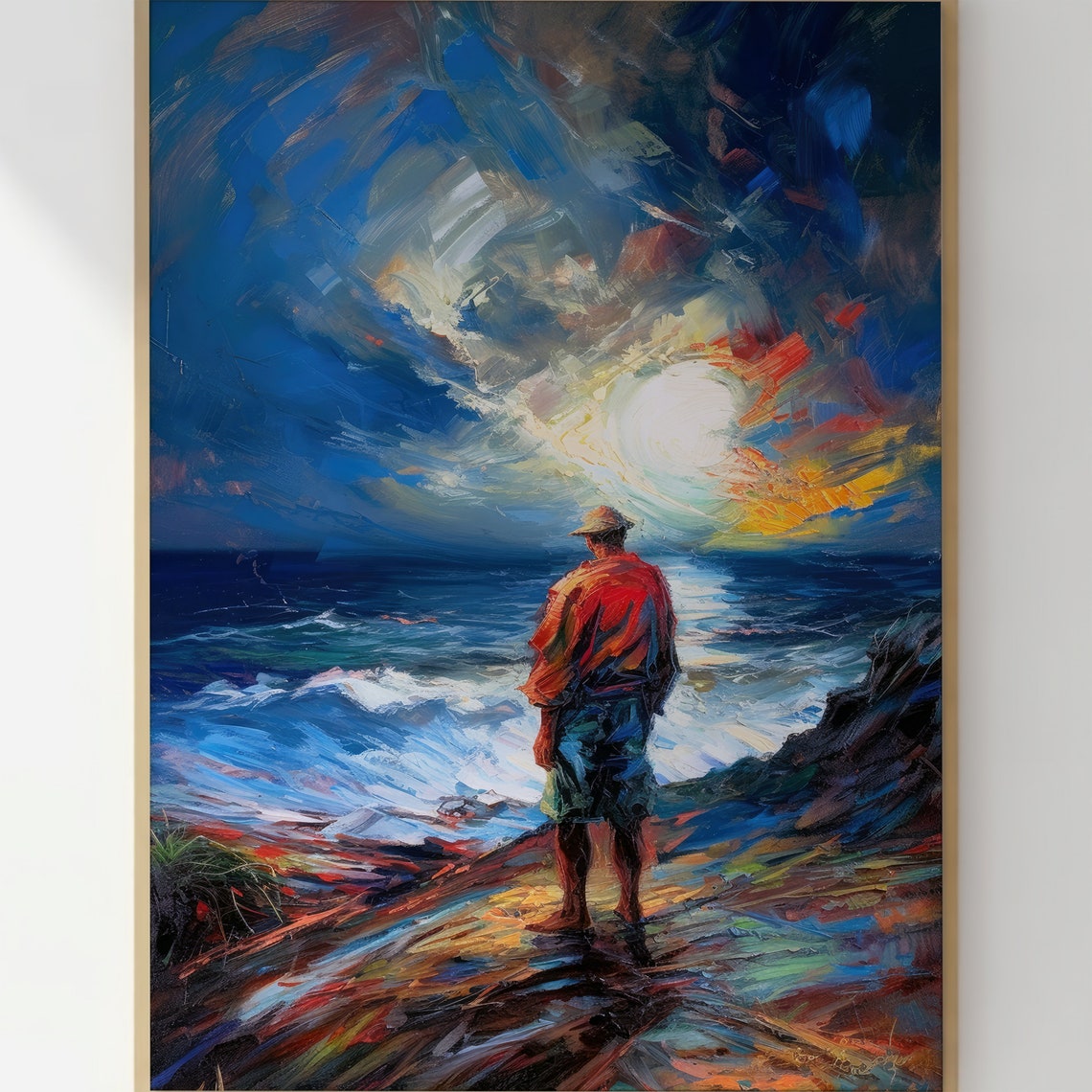 Moonlit Sea Watcher Impressionist Ocean Oil Painting Art Print - Image 3